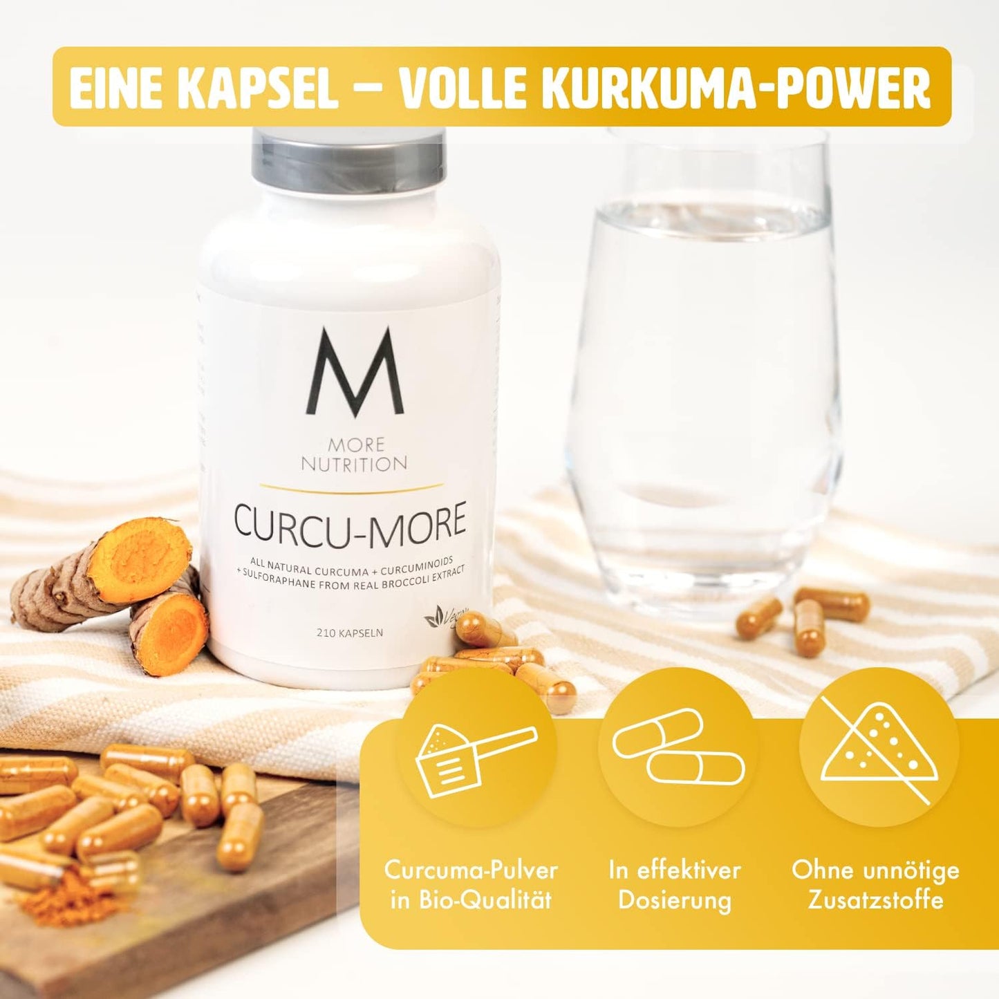 MORE Curcumore, 180 g - 210 Bio Kurkuma Kapseln mit Curcuminoiden, Sulforaphan und Piperin